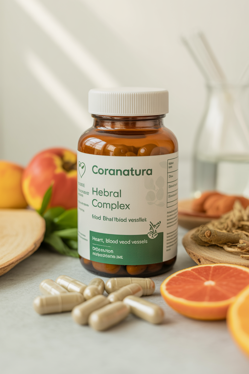 Coranatura herbal complex bottle with capsules for heart, blood vessels and digestion